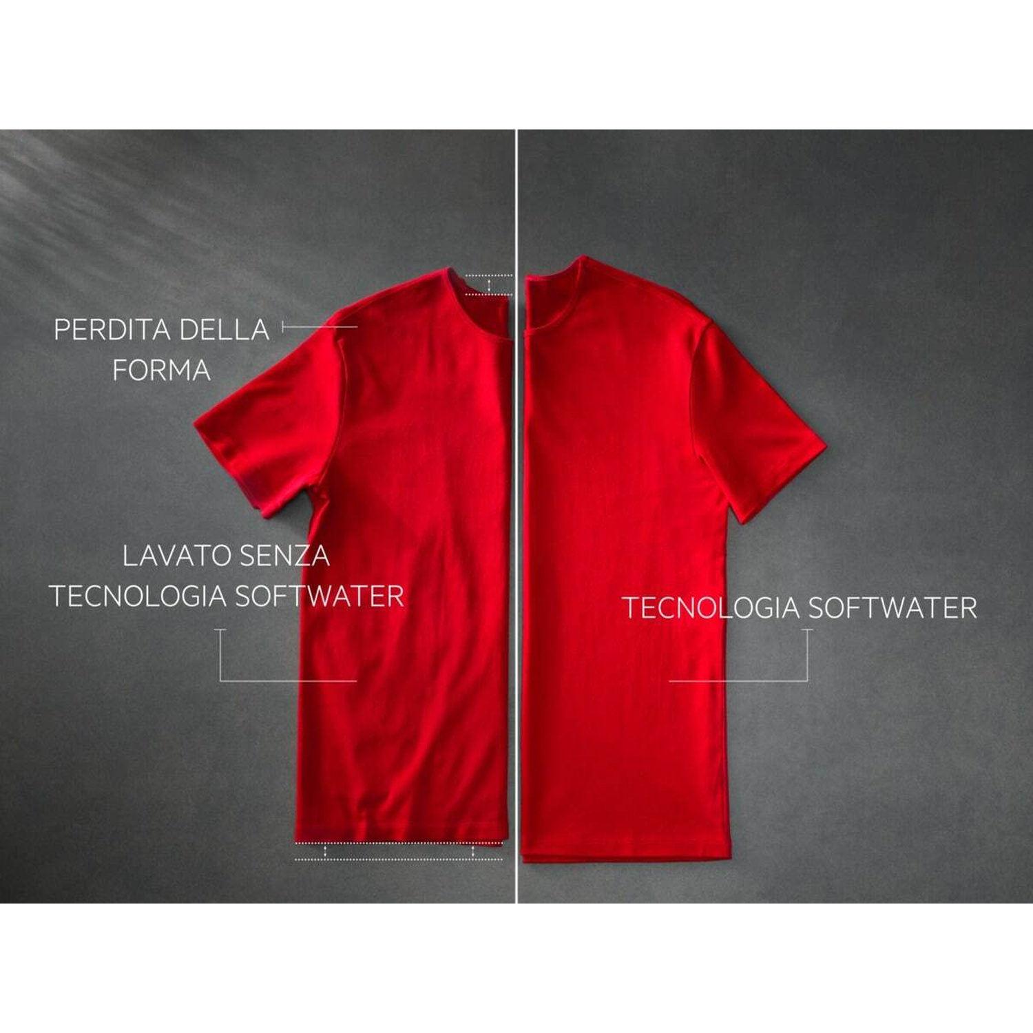 Due magliette rosse una accanto all'altra. Una ha perso forma, l'altra no.