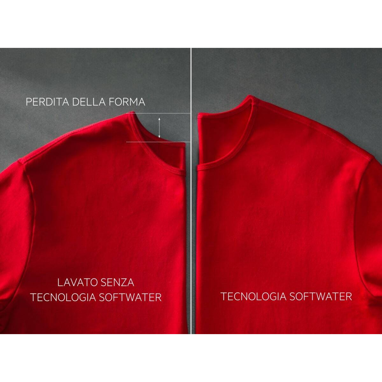 Confronto magliette rosse: perdita forma vs tecnologia softwater.