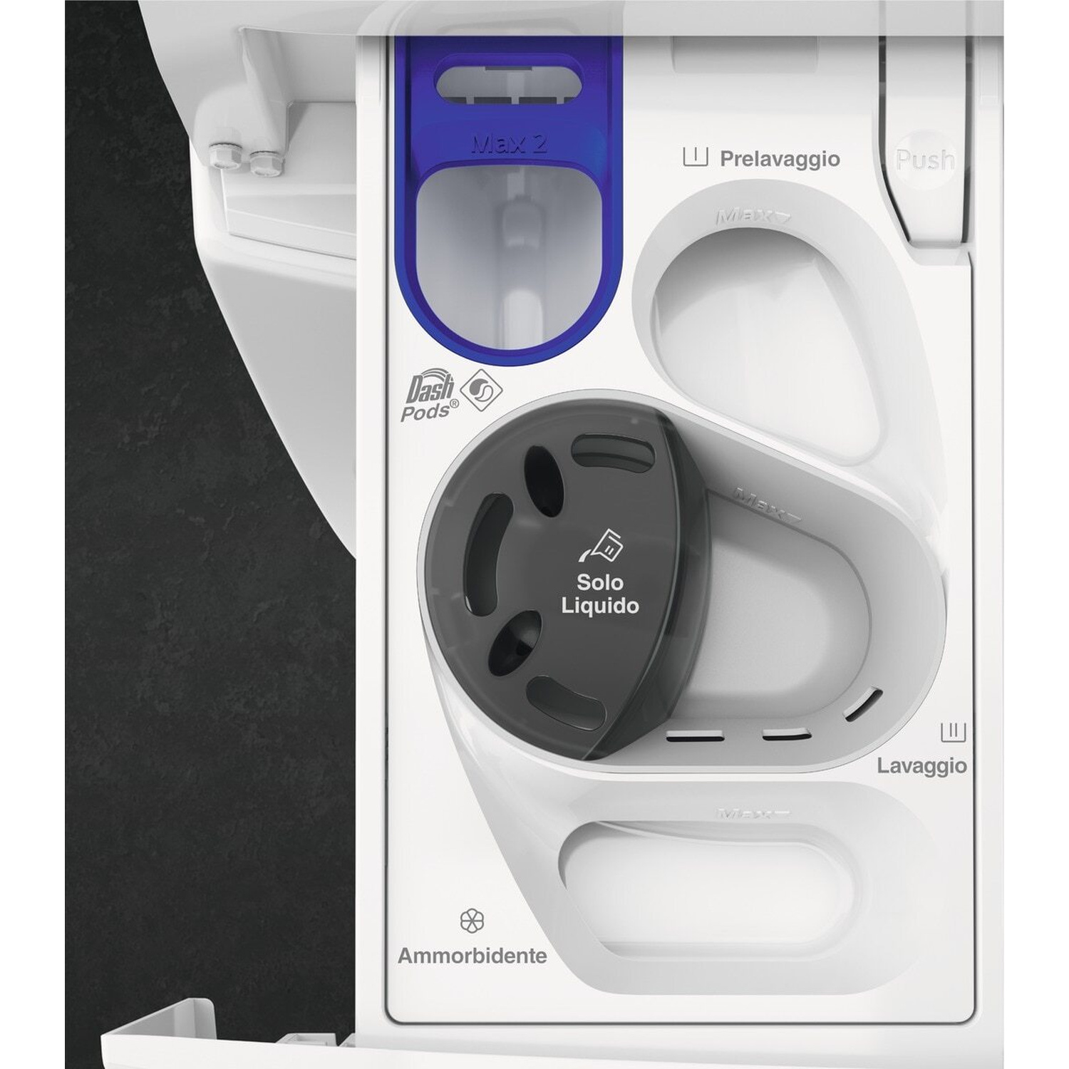 Un dispenser detersivo bianco con scomparti per polvere, liquido e ammorbidente.