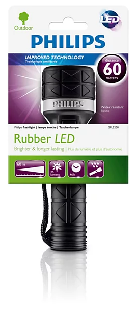 Philips Rubber LED zseblámpa 60m hatótávval, 25 lumen, 46 óra üzemidő.