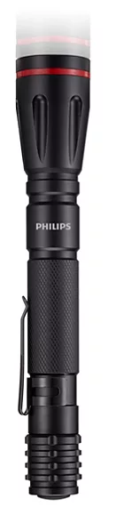 Fekete Philips zseblámpa piros gyűrűvel felül és recézett markolattal.