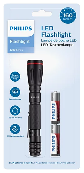 Philips LED zseblámpa 1000 sorozat 2 db AA elemmel, 160 lumen.