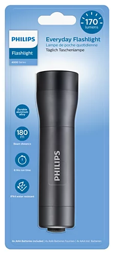 Fekete Philips zseblámpa csomagolása, 170 lumen, 180 méteres hatótáv.