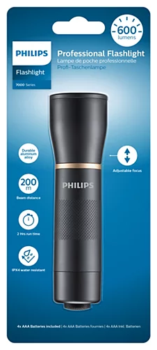 Egy fekete Philips profi zseblámpa csomagolása arany gyűrűvel és márkajelzéssel.