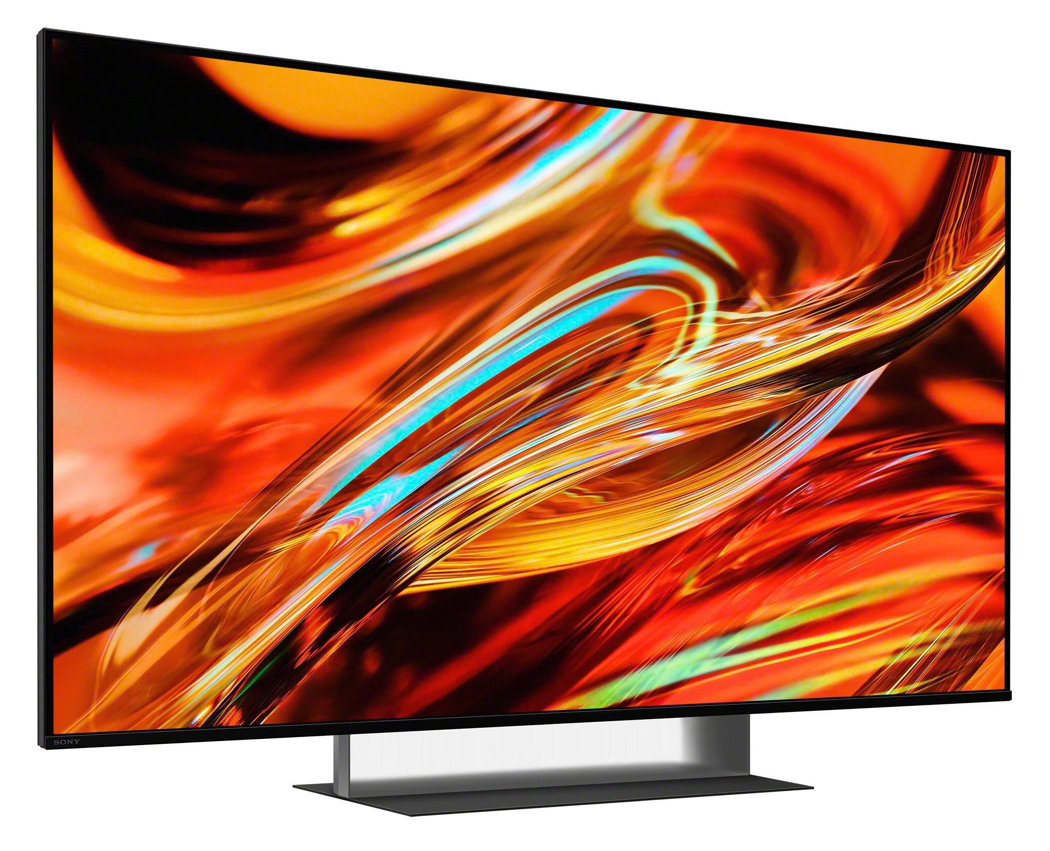 Nowoczesny telewizor wyświetlający abstrakcyjną, ognistą treść ekranu.