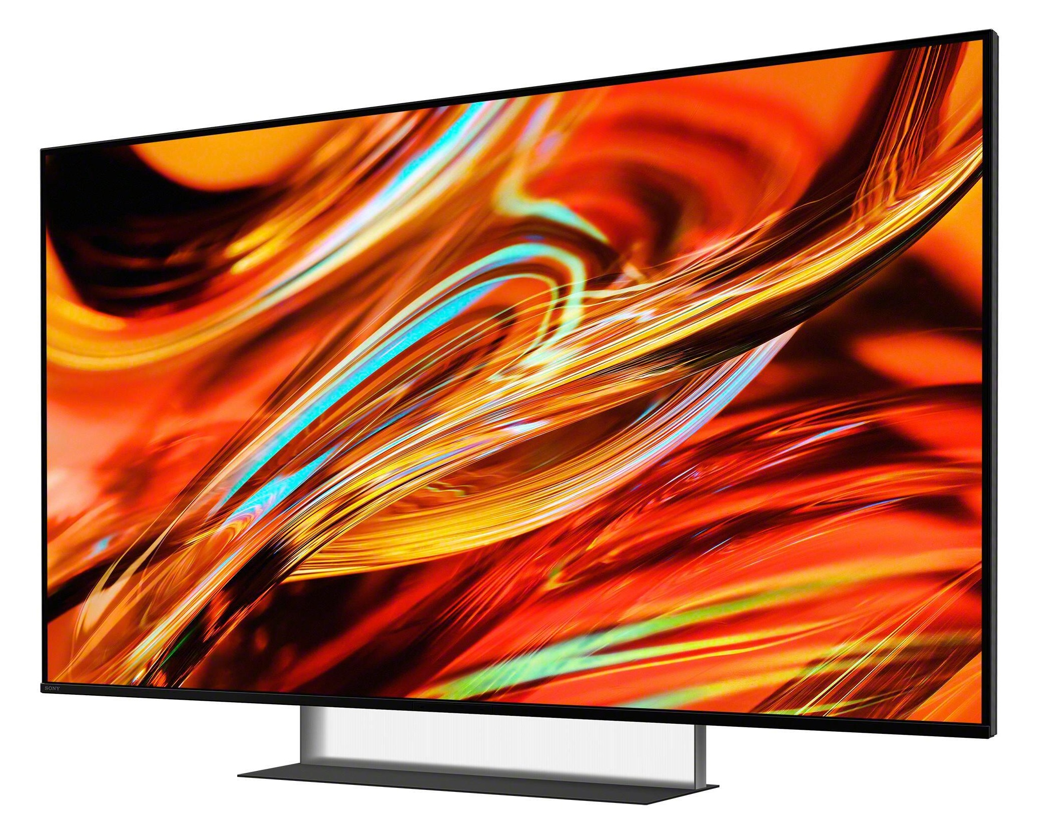 Nowoczesny czarny telewizor z eleganckim stojakiem wyświetla abstrakcyjną sztukę z żywymi pomarańczowo-niebieskimi wirami.