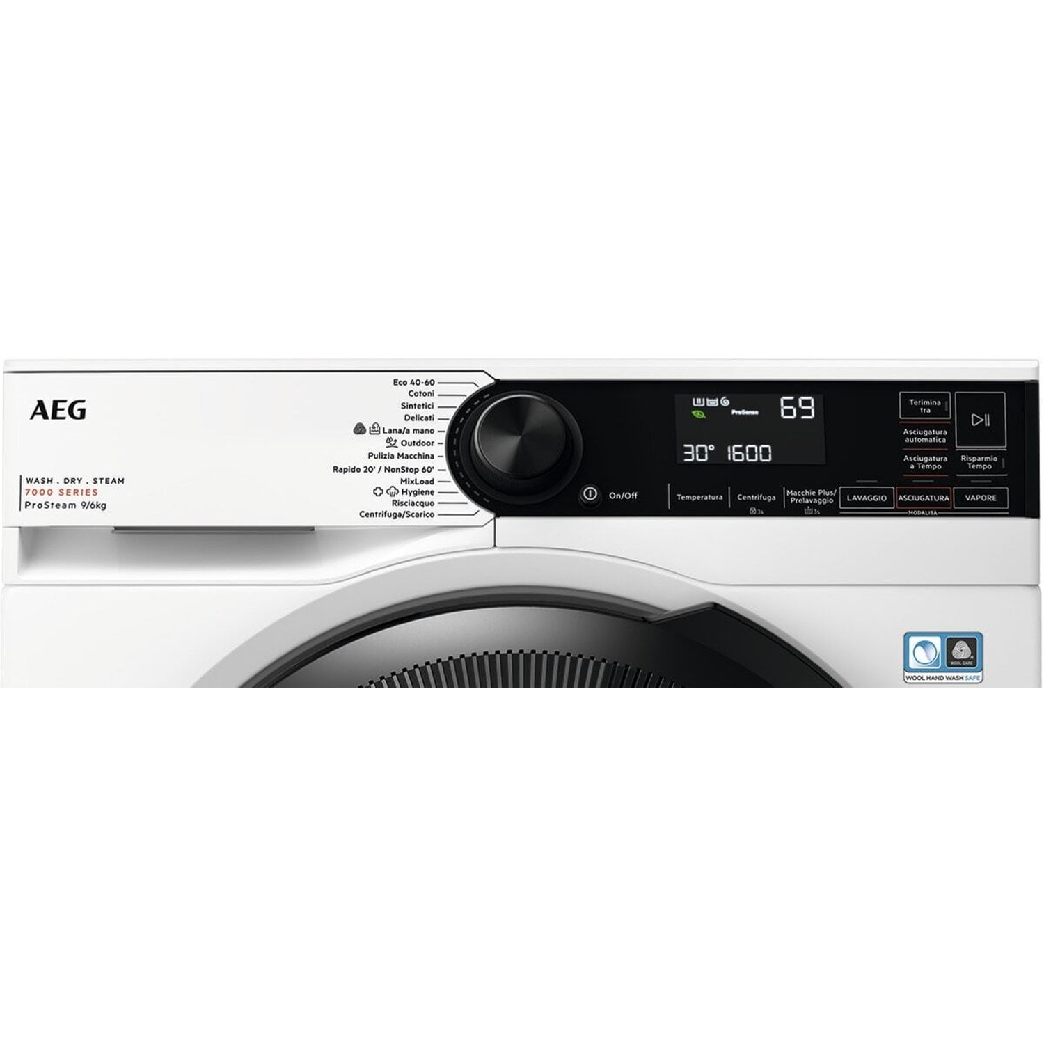 Lavatrice AEG bianca con display digitale che mostra 30°C e 1600 giri/min.