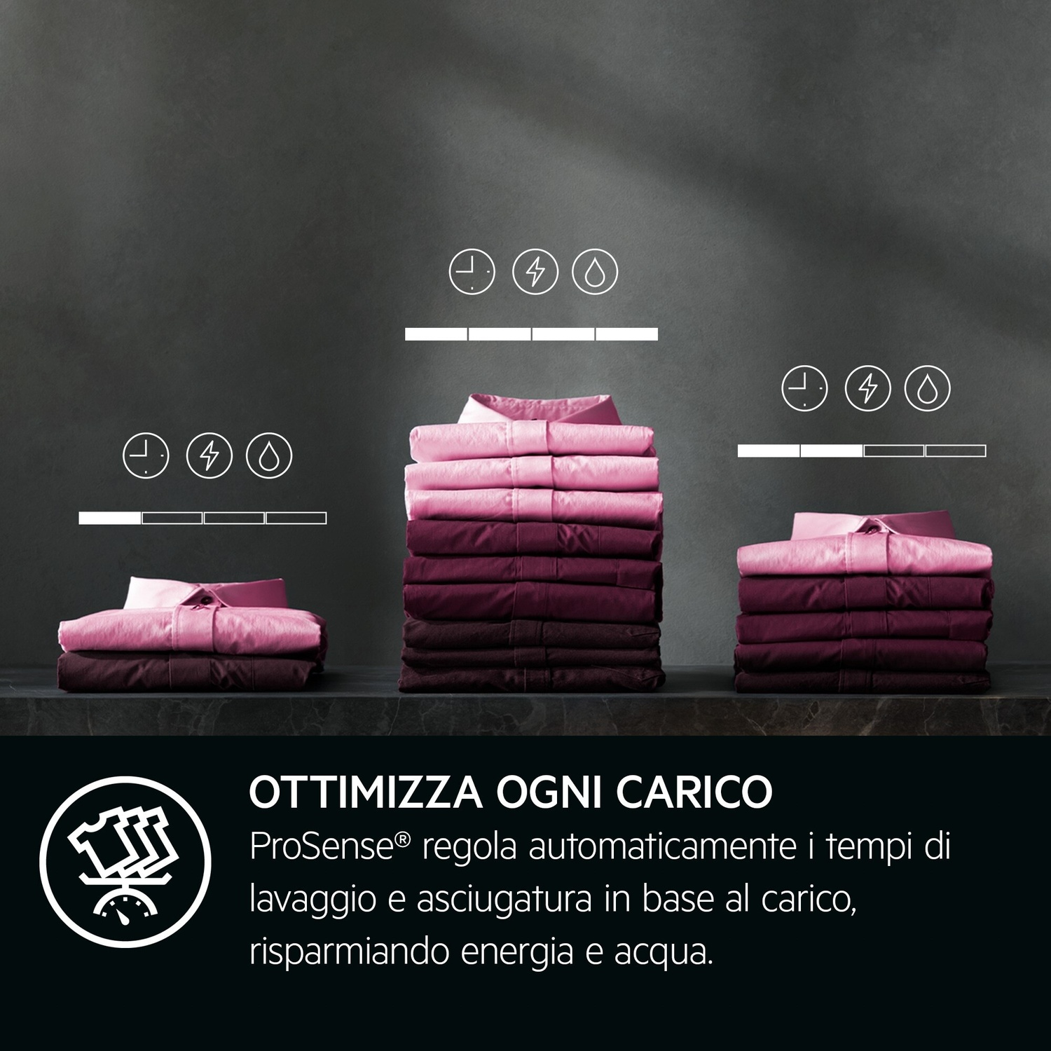 Camicie rosa impilate con icone per tempo, energia e acqua.