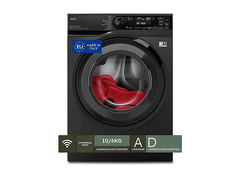 AEG LWR7BLACK LAVASCIUGA, Caricamento frontale, capacità lavaggio 10 kg, asciugatura 6 13 programmi, Profondità 63,1 cm, nero, Classe A