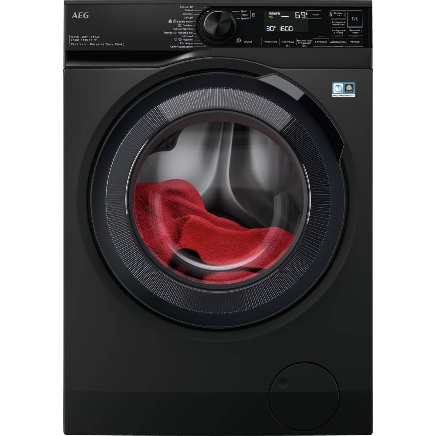 Lavatrice AEG nera con asciugamano rosso nel cestello. Display mostra 30° 1600.