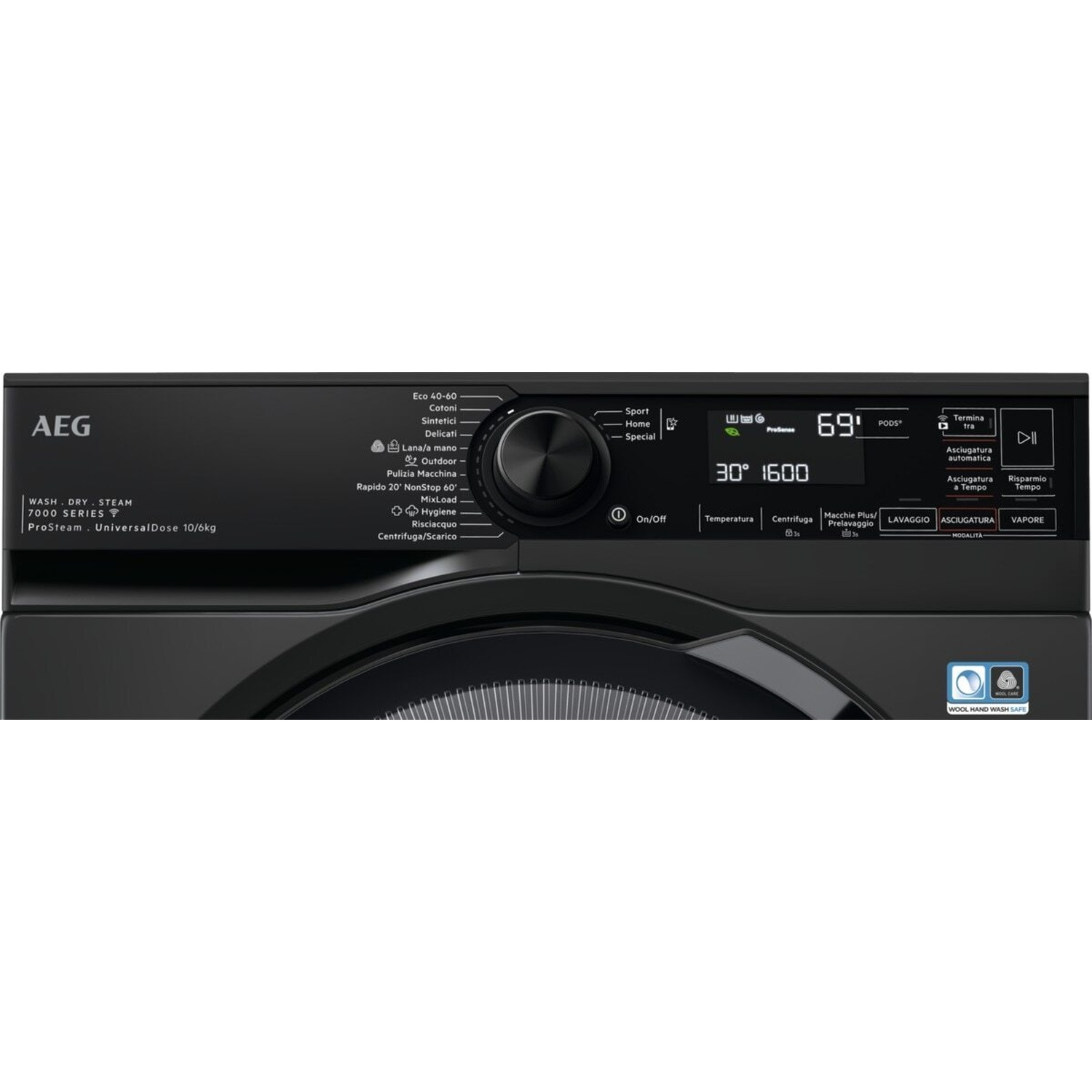 Lavatrice AEG nera con display che mostra 30° 1600 e 69 min.