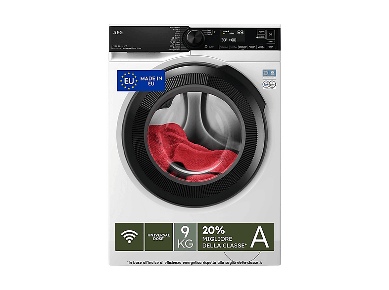AEG LR7FH94VY LAVATRICE, Caricamento frontale, 9 kg, 12 programmi, Profondità 57,2 cm, Giri 1400 rpm, Bianco, livello rumorosità centrifuga 72 dB(A), Classe A