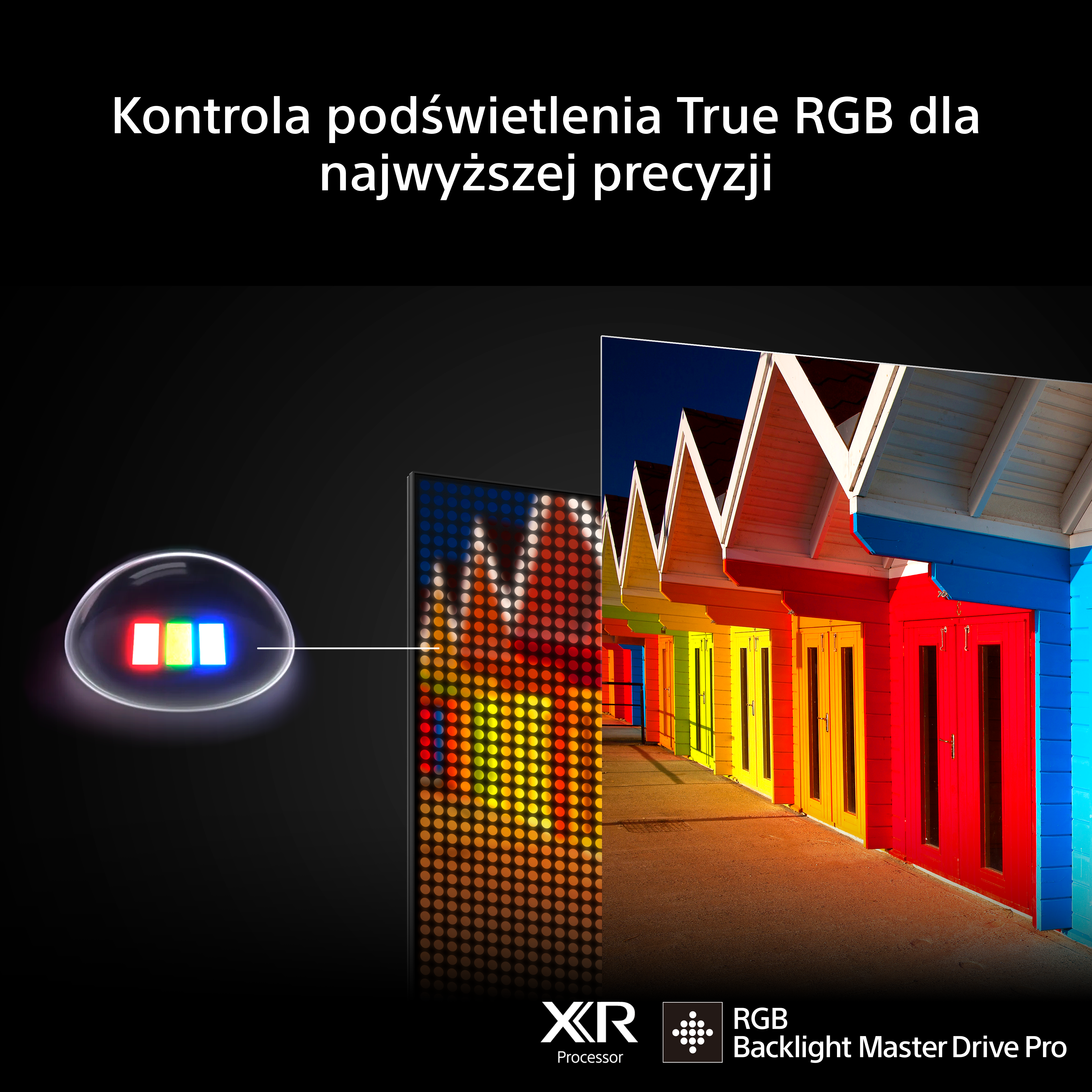 Szczegół diody LED RGB pokazany obok kolorowych domków plażowych.