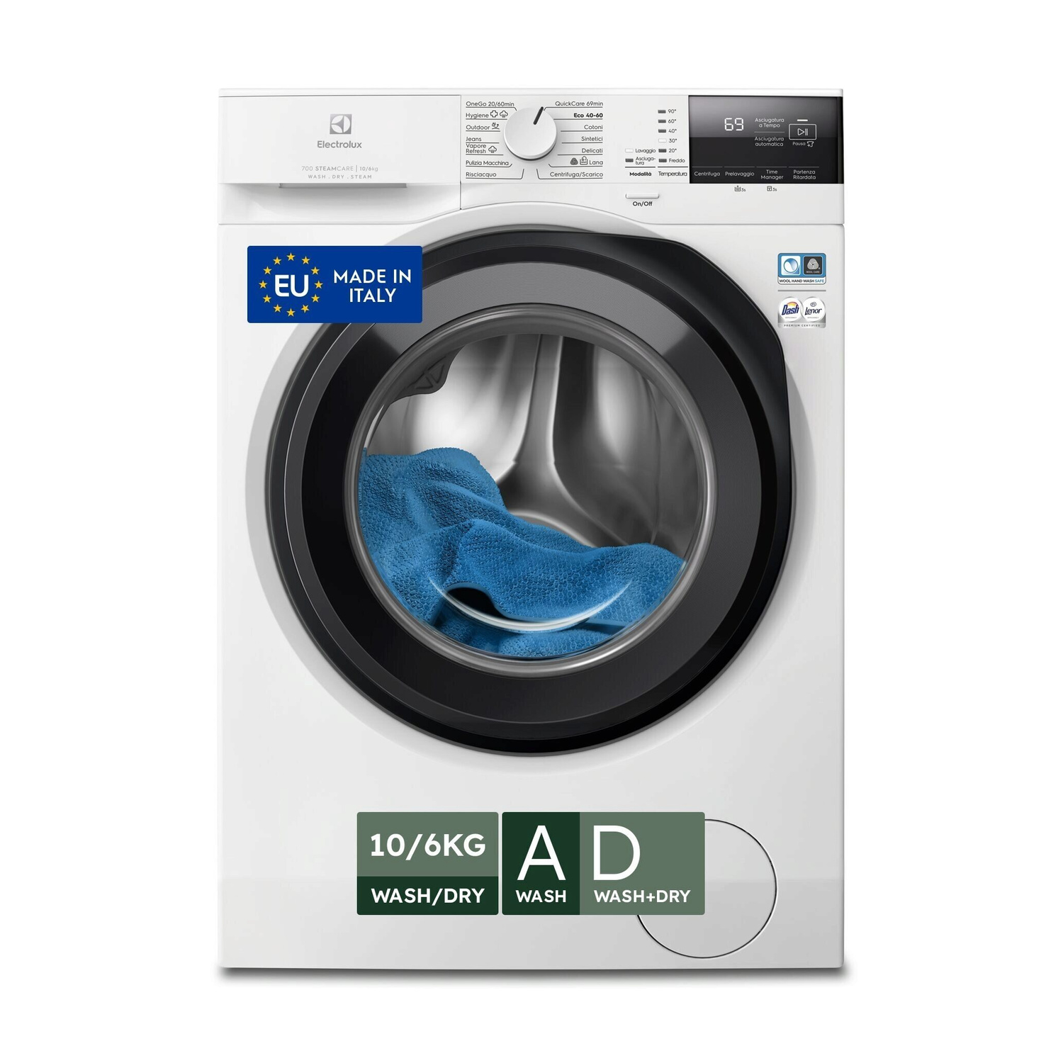 Lavatrice bianca Electrolux con asciugamano blu nel cestello e adesivo UE Fatto in Italia.