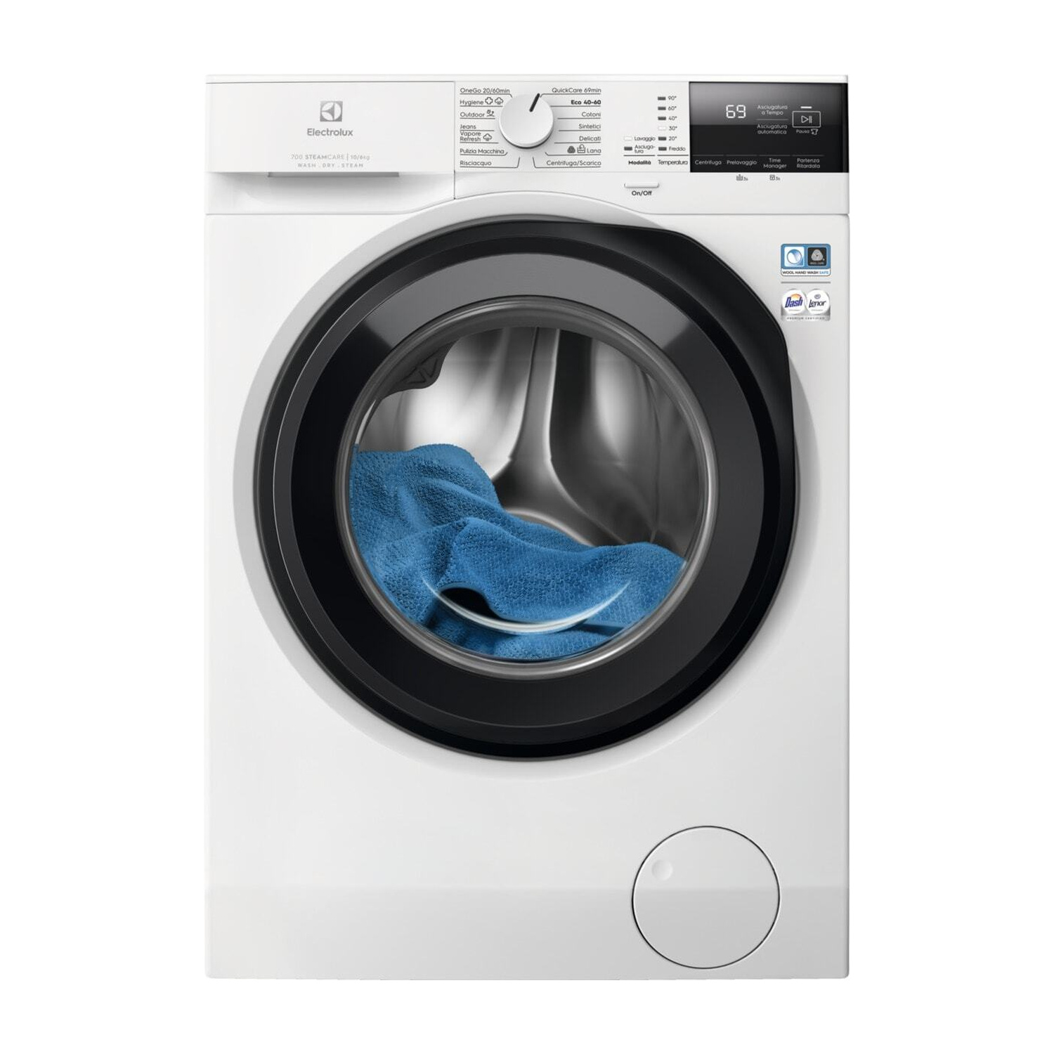 Lavatrice Electrolux bianca con biancheria blu nel cestello. Il pannello di controllo è in alto.