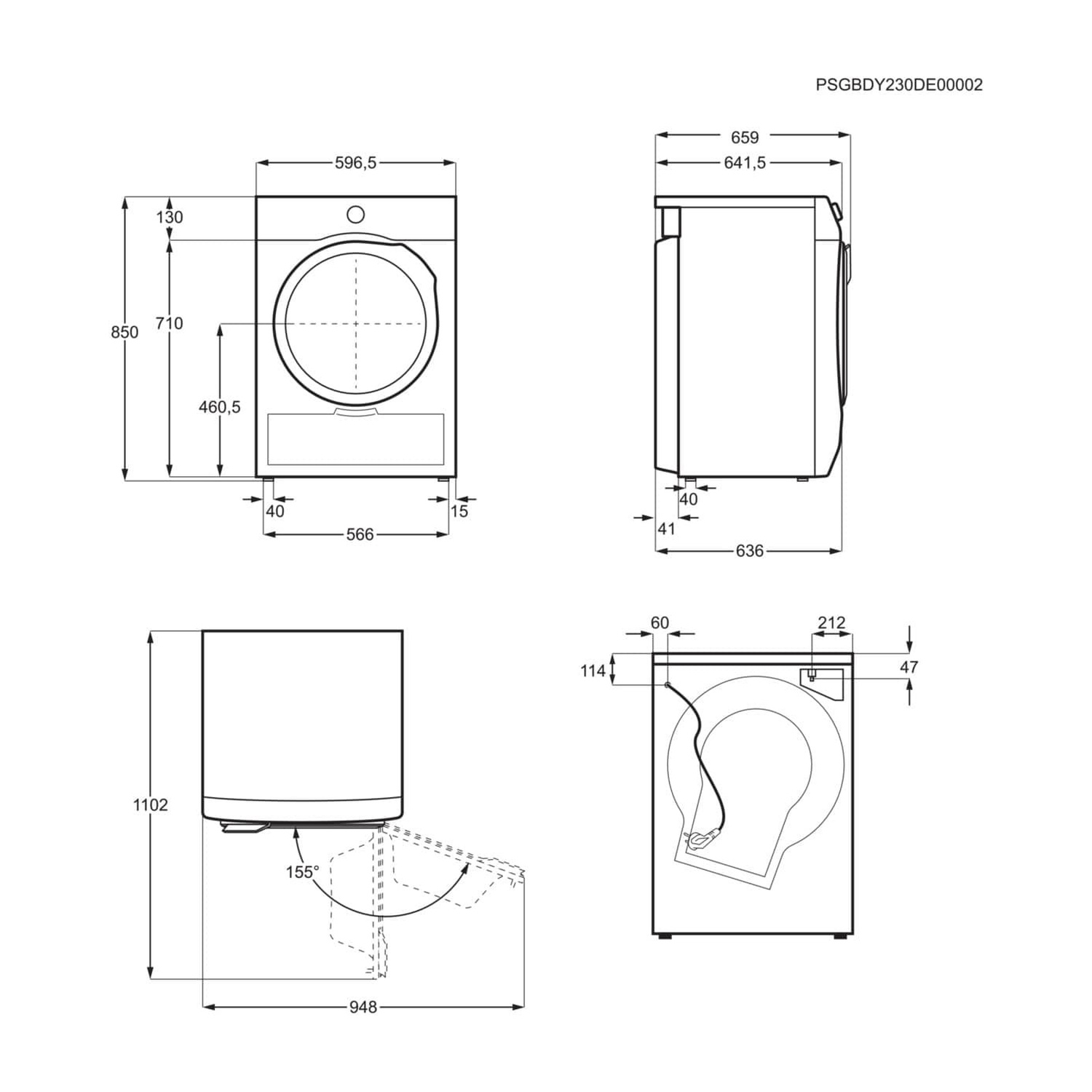 Disegno tecnico di una lavatrice con dimensioni e viste.