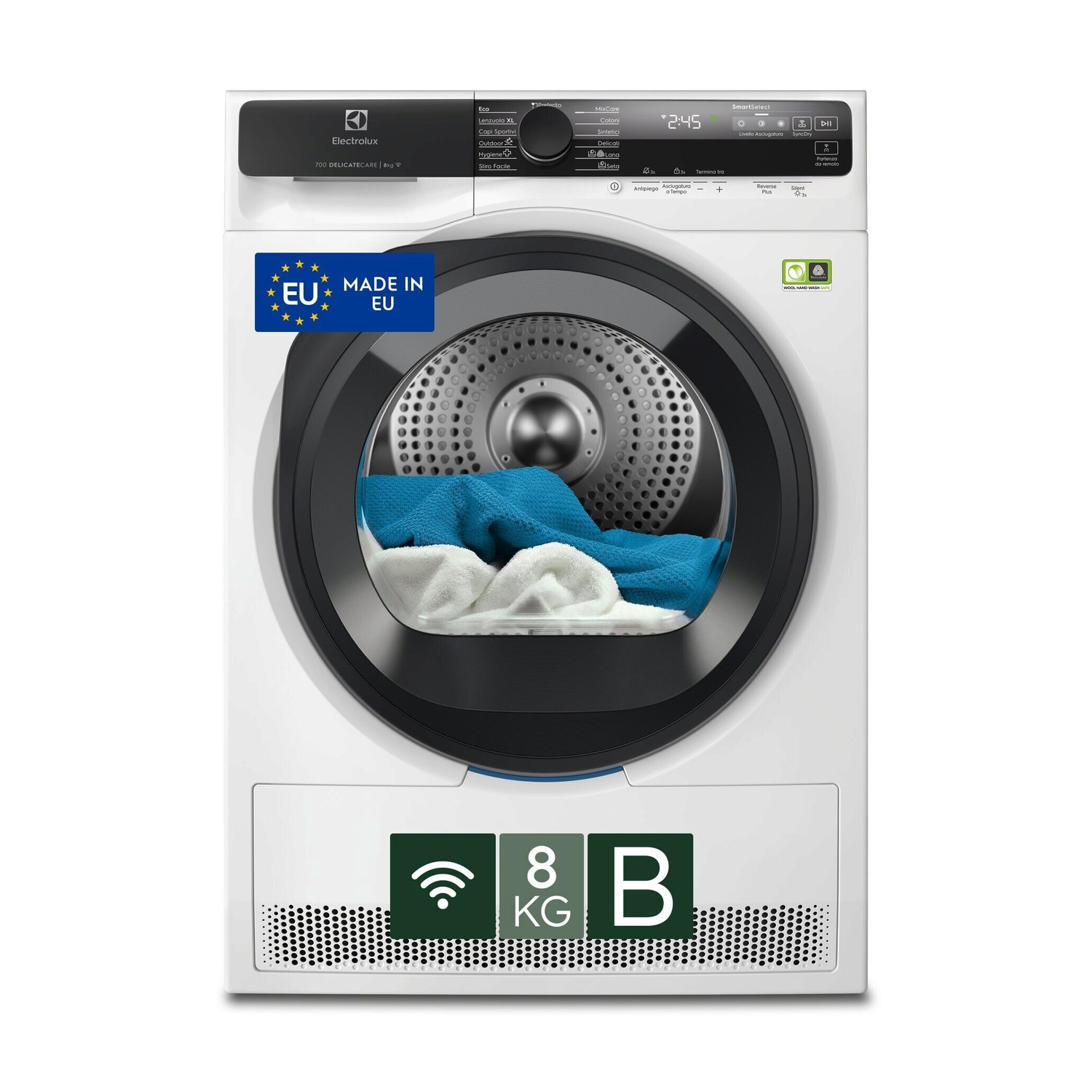 Asciugatrice bianca Electrolux con etichetta UE, 8kg, classe B.