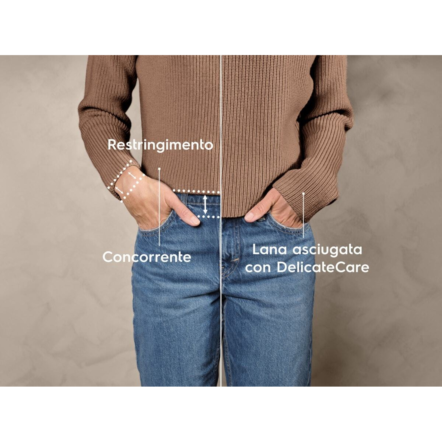 Confronto tra due capi: jeans e maglione marrone.