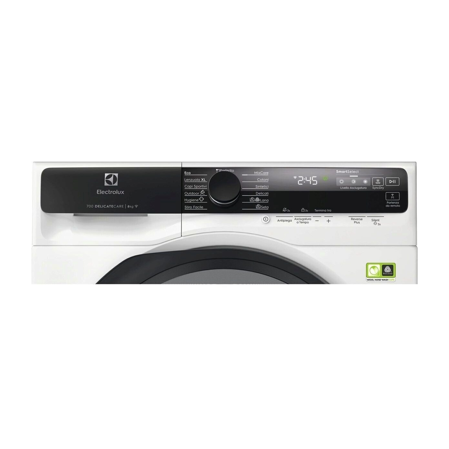 Il pannello di controllo di un'asciugatrice Electrolux bianca con vari programmi.