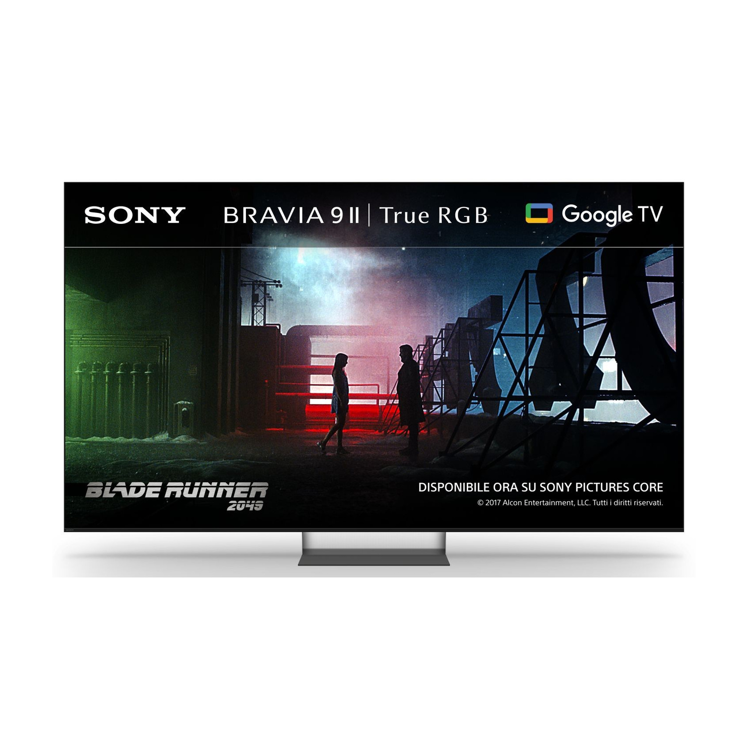 TV Sony Bravia mostra scena Blade Runner 2049 con due figure e paesaggio urbano.