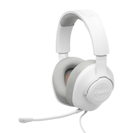 Białe słuchawki nauszne z mikrofonem i logo JBL.