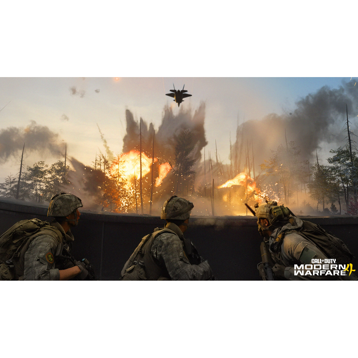 Des soldats regardent un jet au-dessus d'une explosion enflammée dans une forêt. Logo Call of Duty.