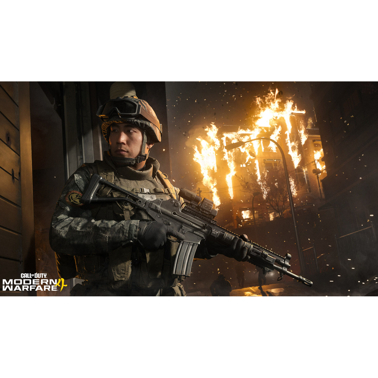 Un soldat avec une arme devant un bâtiment en feu. Logo Call of Duty: Modern Warfare.