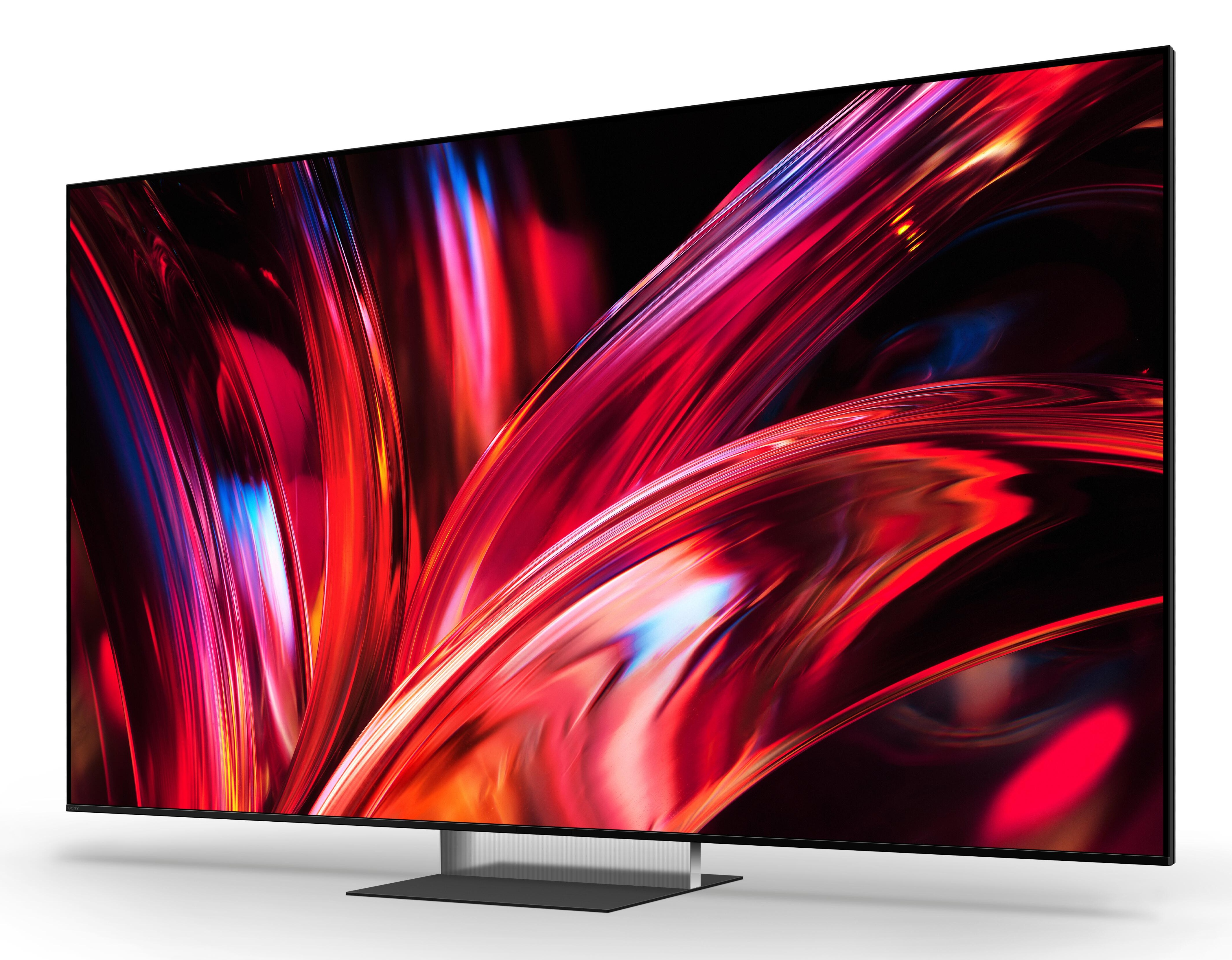 Elegancki telewizor wyświetlający abstrakcyjną, płynną czerwoną i niebieską treść.