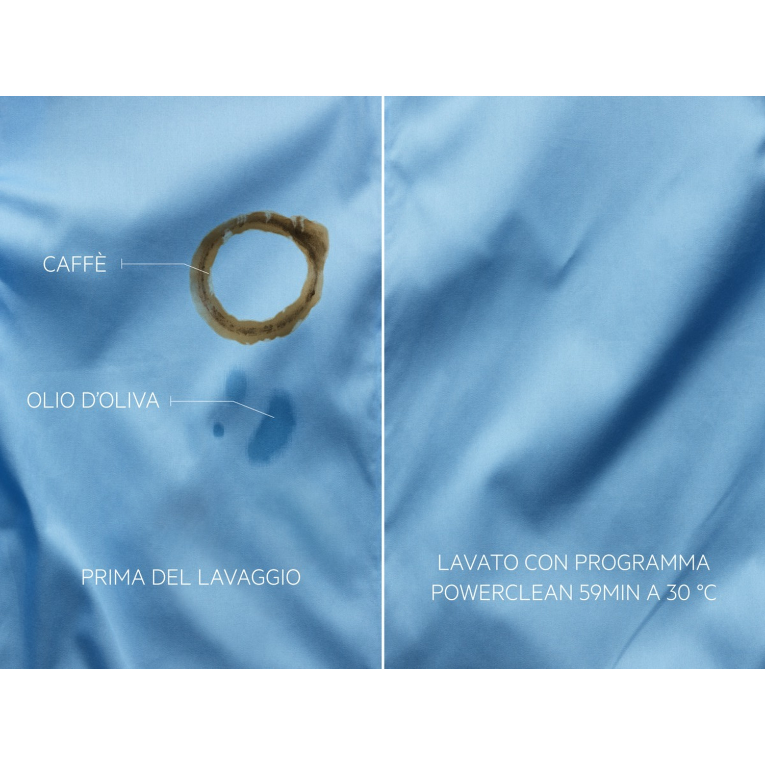 Campione di tessuto blu prima e dopo il lavaggio: macchie di caffè e olio. Pulito.
