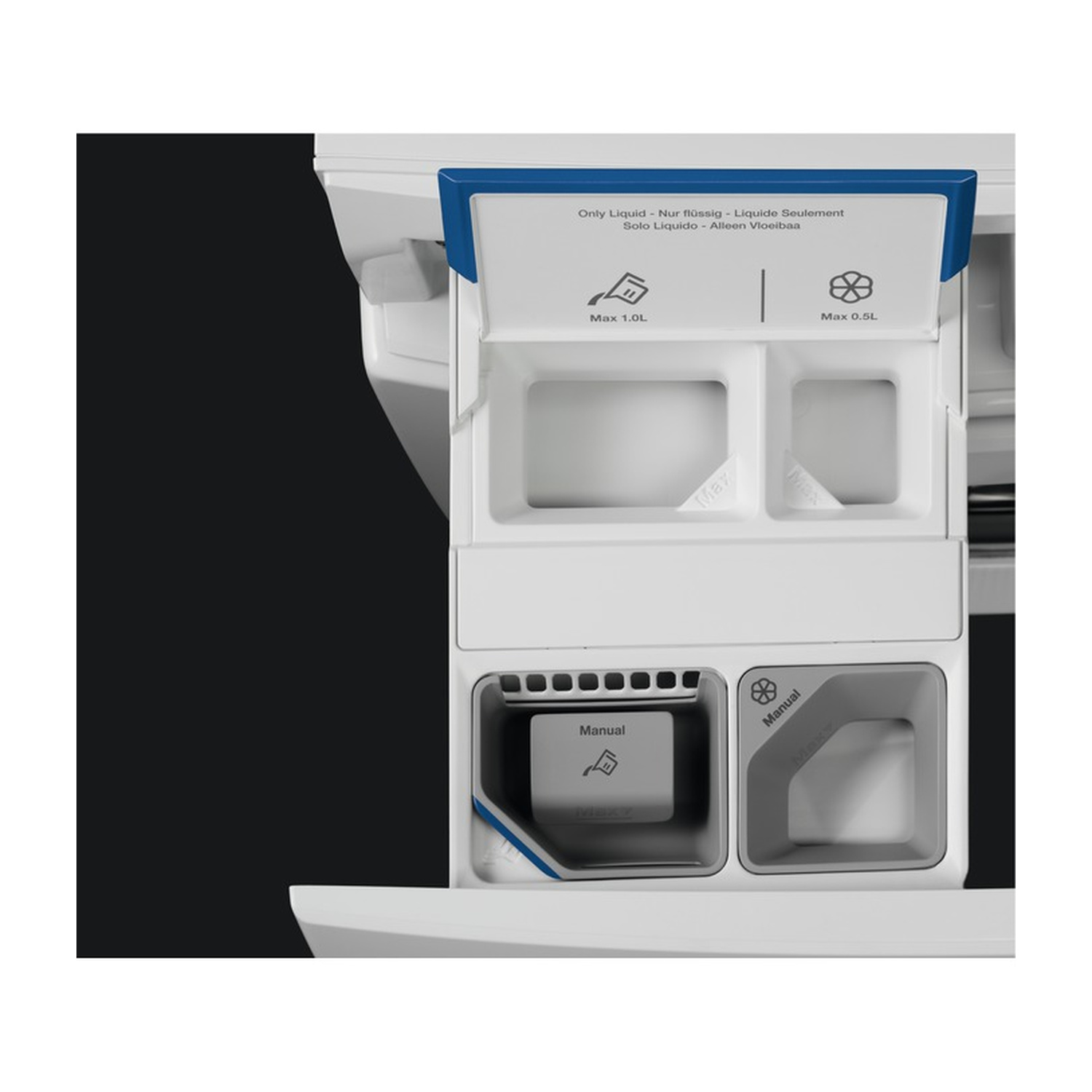 Un cassetto detersivo per lavatrice con due scomparti per detersivo liquido e uno manuale.