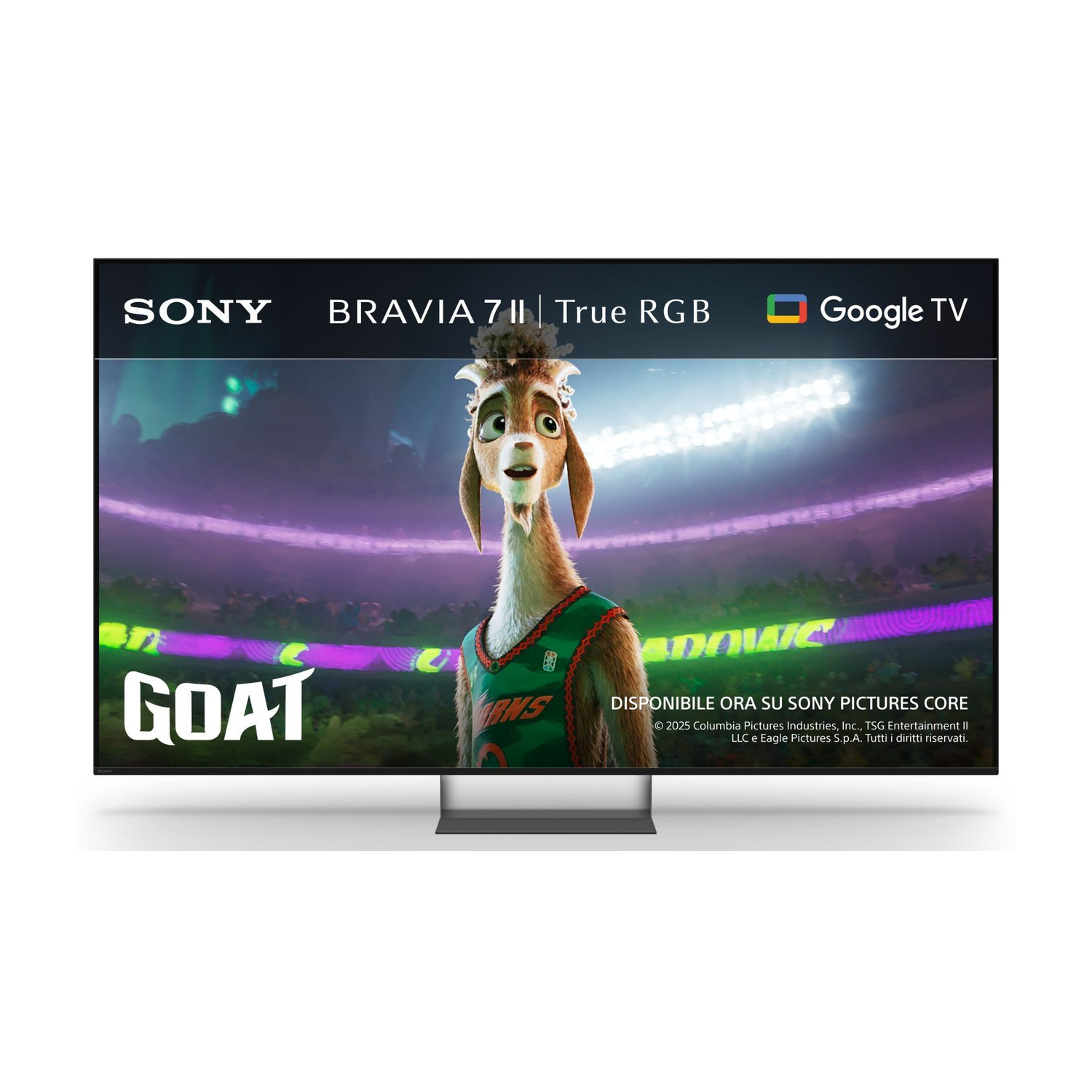 TV Sony Bravia mostra personaggio capra animato in arena sportiva con