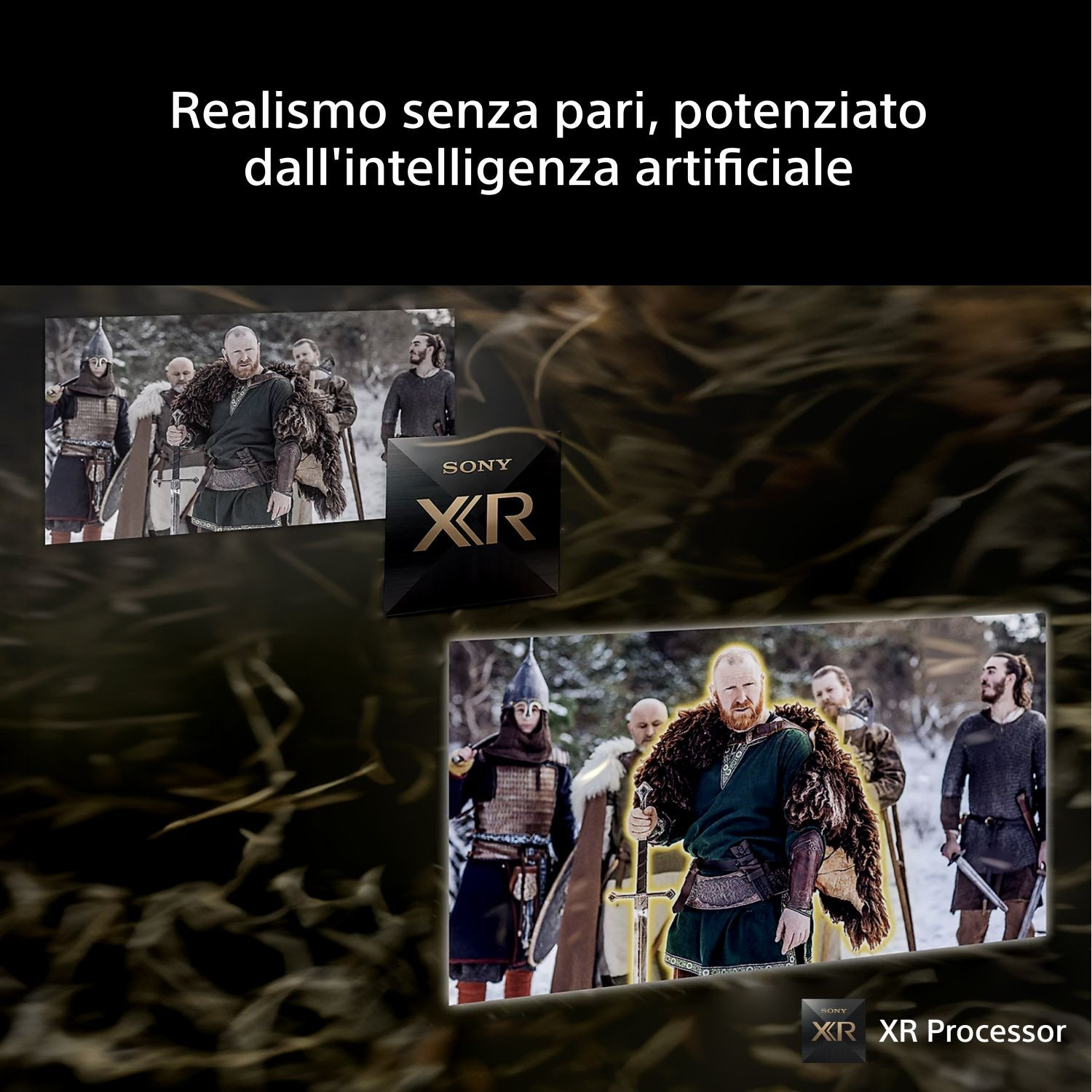 Vichinghi con spade in piedi nella neve. Processore Sony XR.