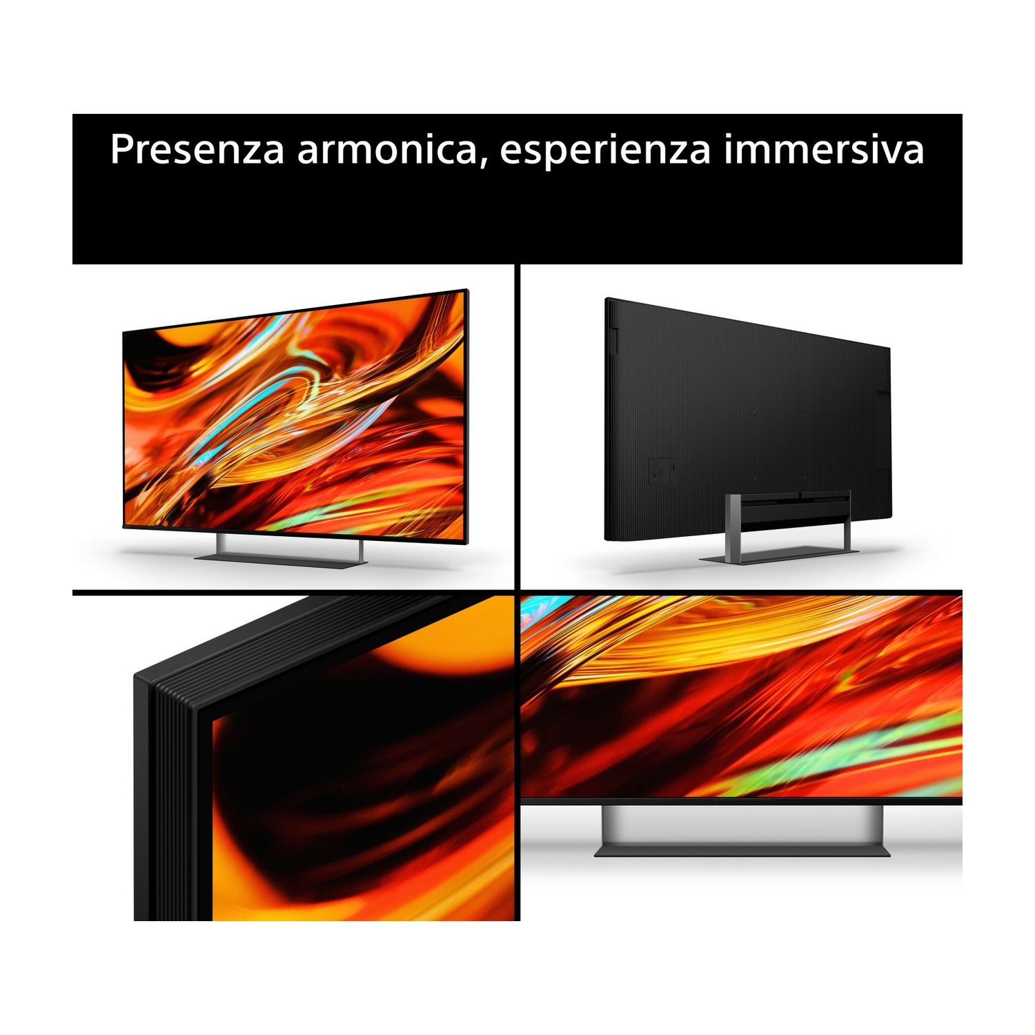 Un moderno televisore viene mostrato frontalmente, posteriormente e lateralmente.