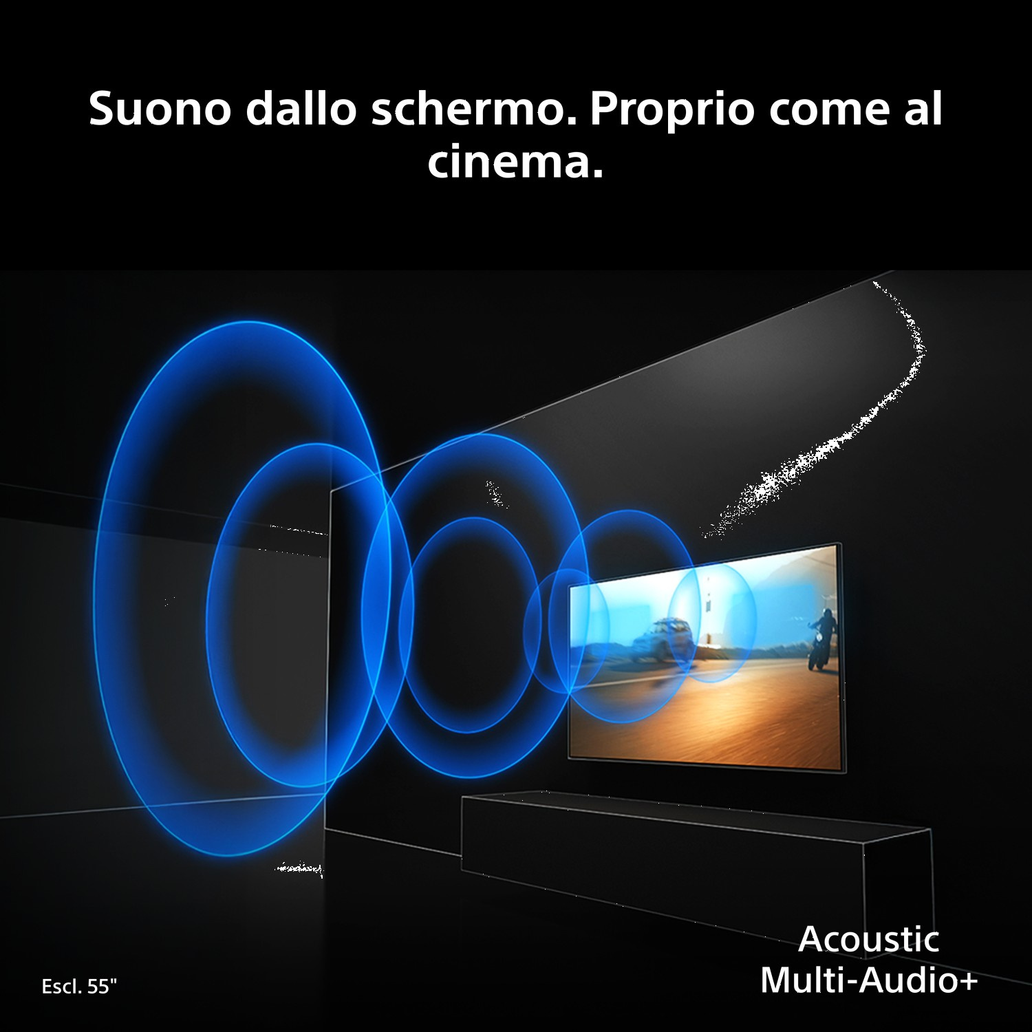Schermo TV con onde sonore blu e un motociclista. Acoustic Multi-Audio+.