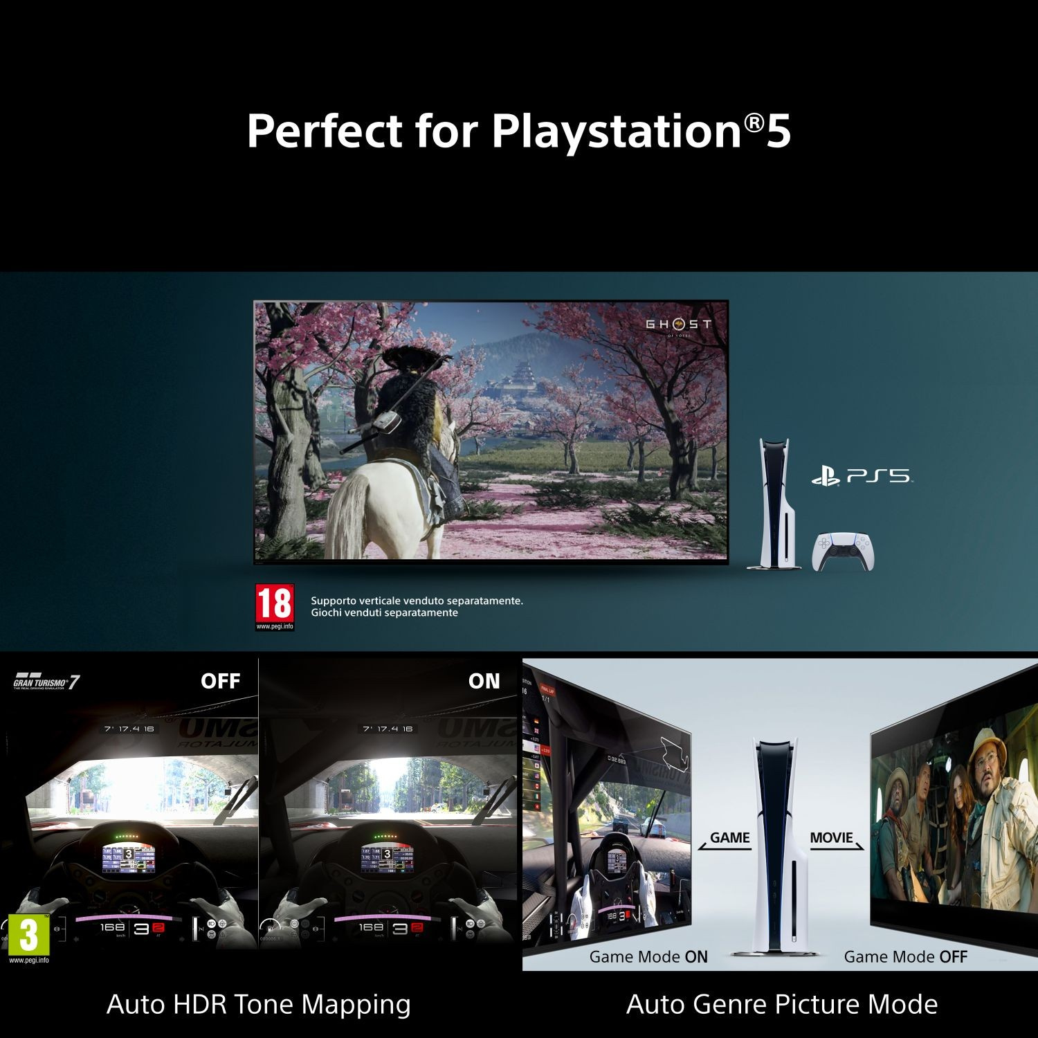 PlayStation 5 con giochi e funzionalità come Auto HDR Tone Mapping e Auto Genre Picture Mode.