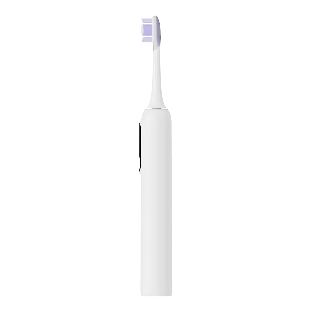 Fehér elektromos fogkefe lila sörtékkel és fekete csíkkal.