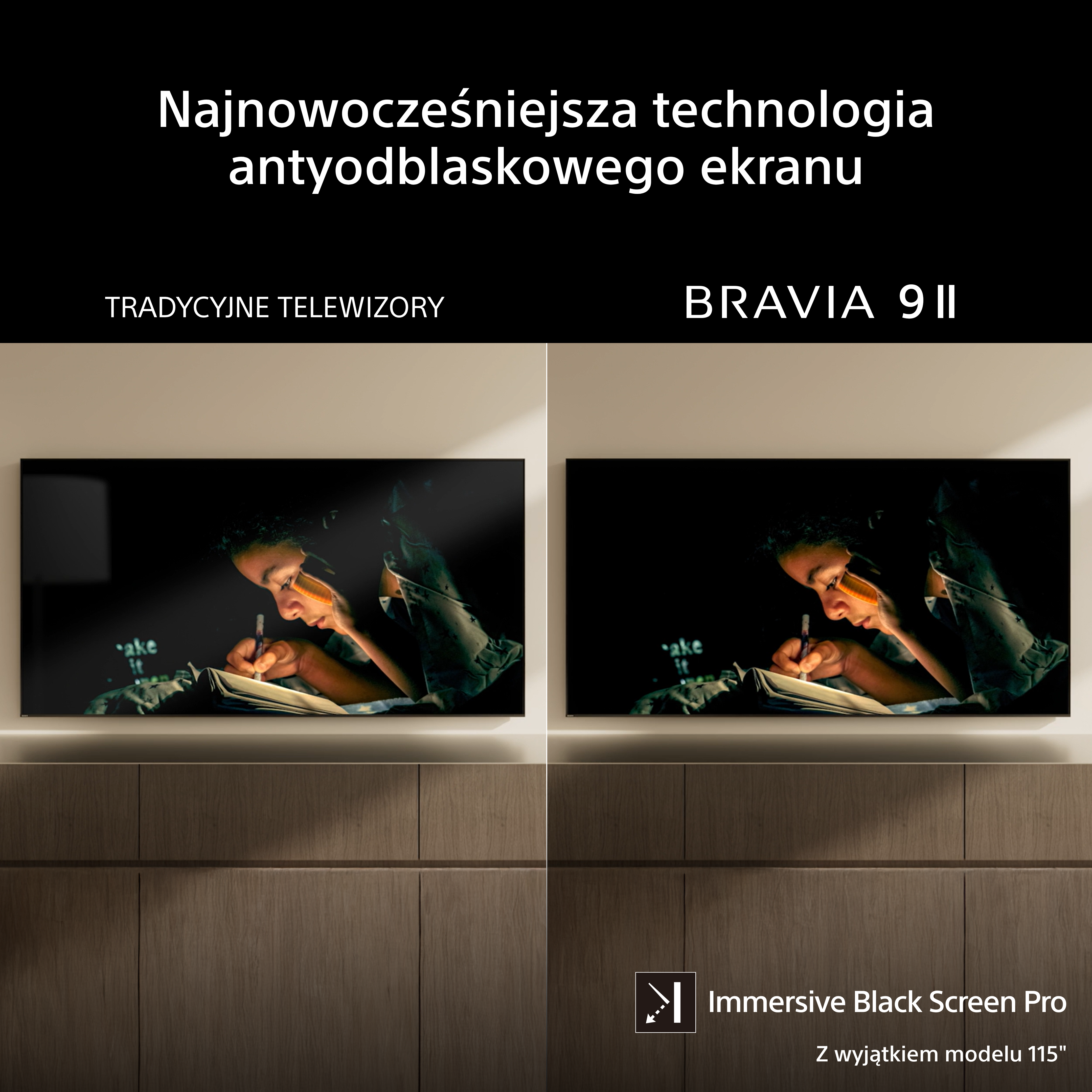 Dwa telewizory obok siebie. Lewy: tradycyjny. Prawy: BRAVIA 9 II z powłoką.