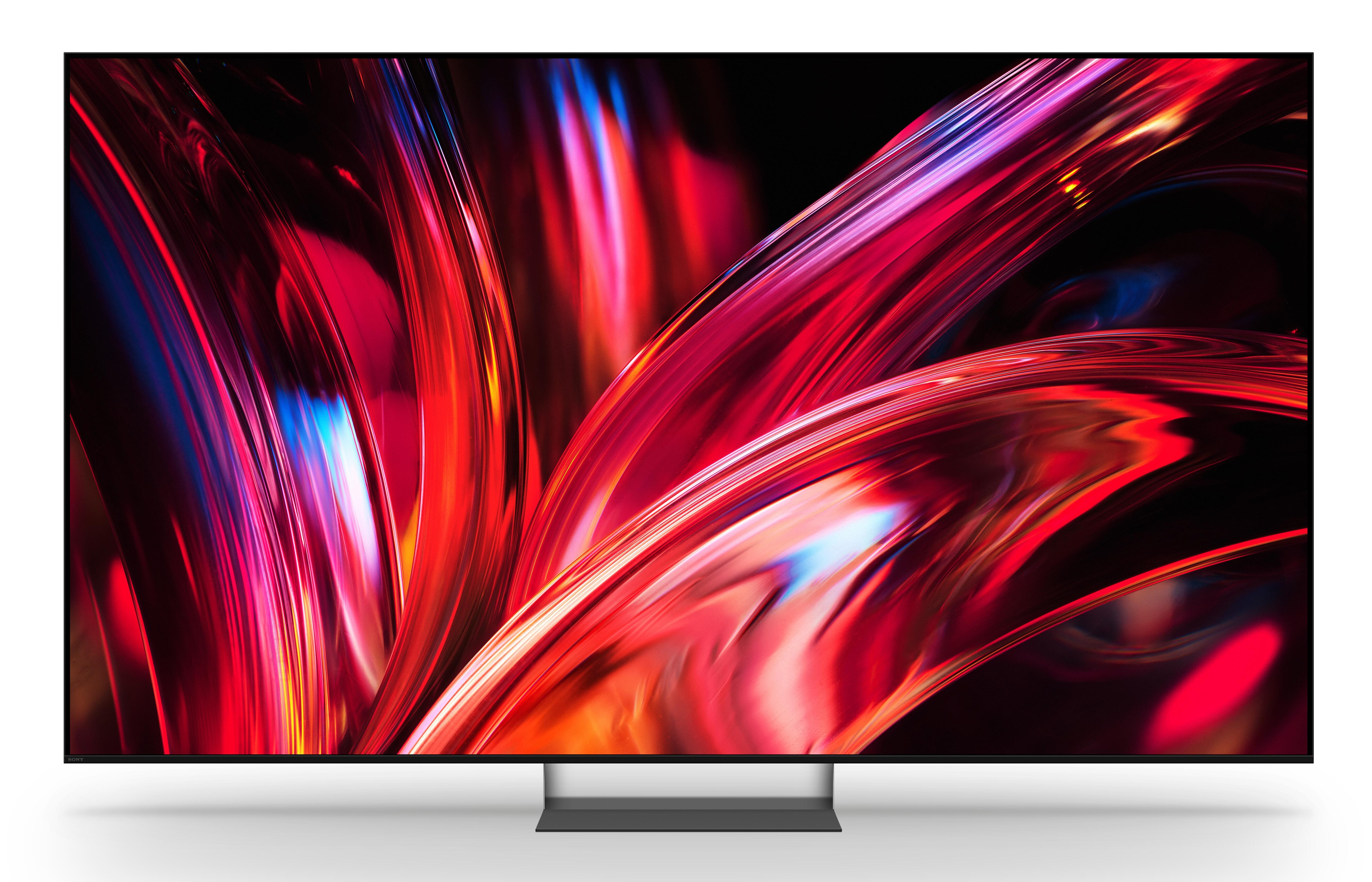 Nowoczesny telewizor wyświetlający abstrakcyjny wzór czerwonych i niebieskich wirów.