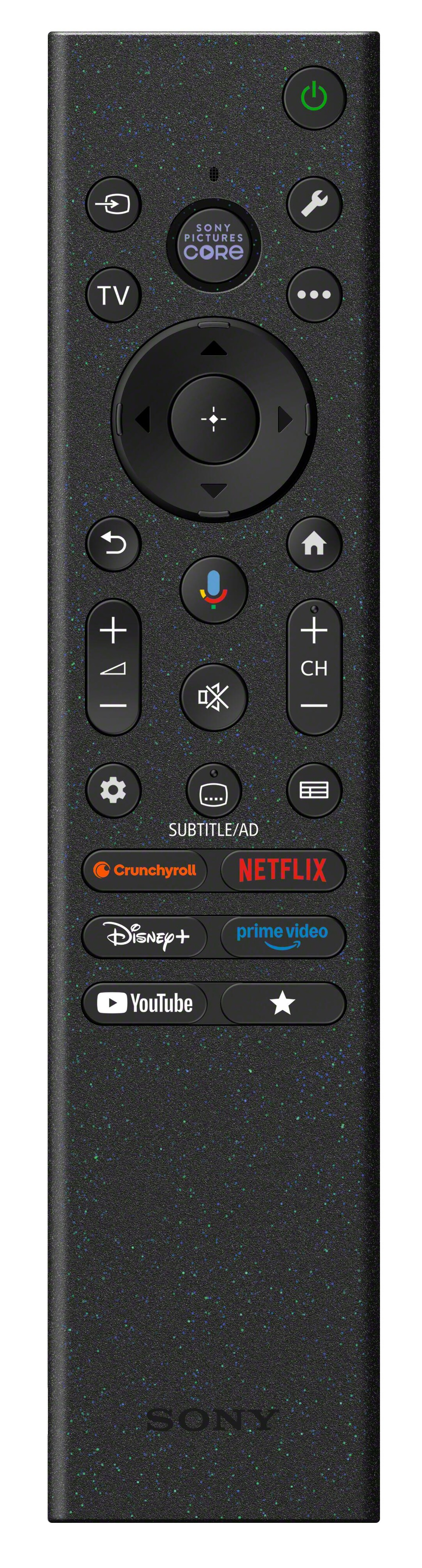 Czarny pilot Sony z kolorowymi plamkami i wieloma przyciskami aplikacji.