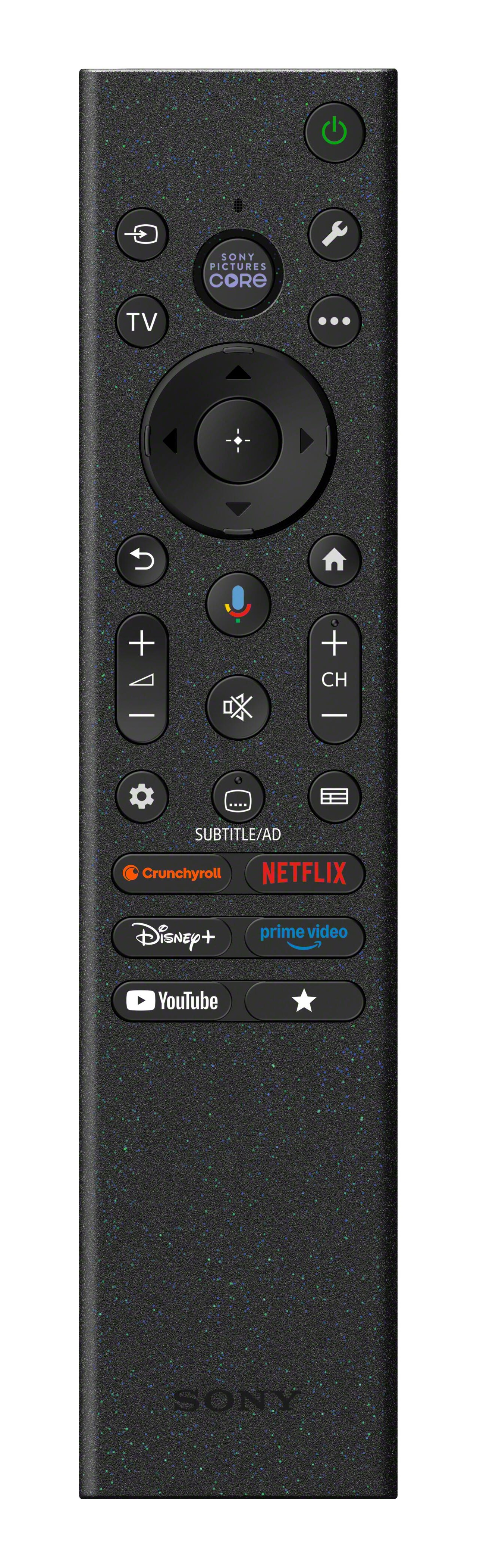 Czarny pilot Sony z teksturowanymi cętkami i przyciskami aplikacji.