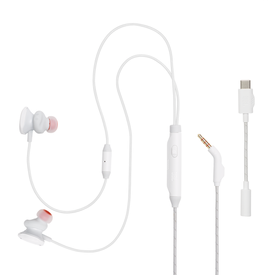 Białe słuchawki przewodowe z mikrofonem inline i adapterem USB-C.