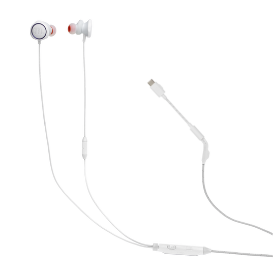 Białe słuchawki JBL z kablem, mikrofonem i złączem USB-C.