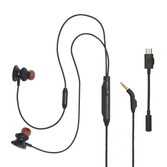 Czarne słuchawki z czerwonymi akcentami, pilotem na kablu i adapterem USB-C.