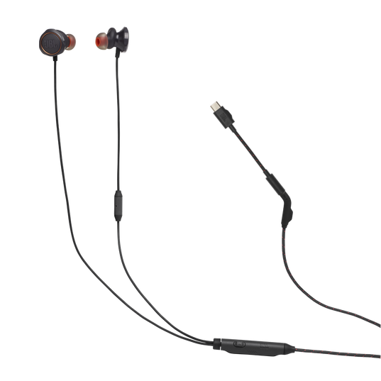 Czarne słuchawki douszne JBL z czerwonymi akcentami i złączem USB-C.