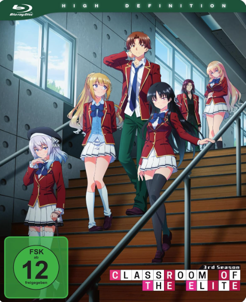 Anime-Charaktere in roten Uniformen stehen auf einer Treppe, "Classroom of the Elite 3rd Season".