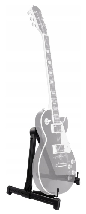 Czarny stojak na gitarę na białym tle z półprzezroczystą gitarą.