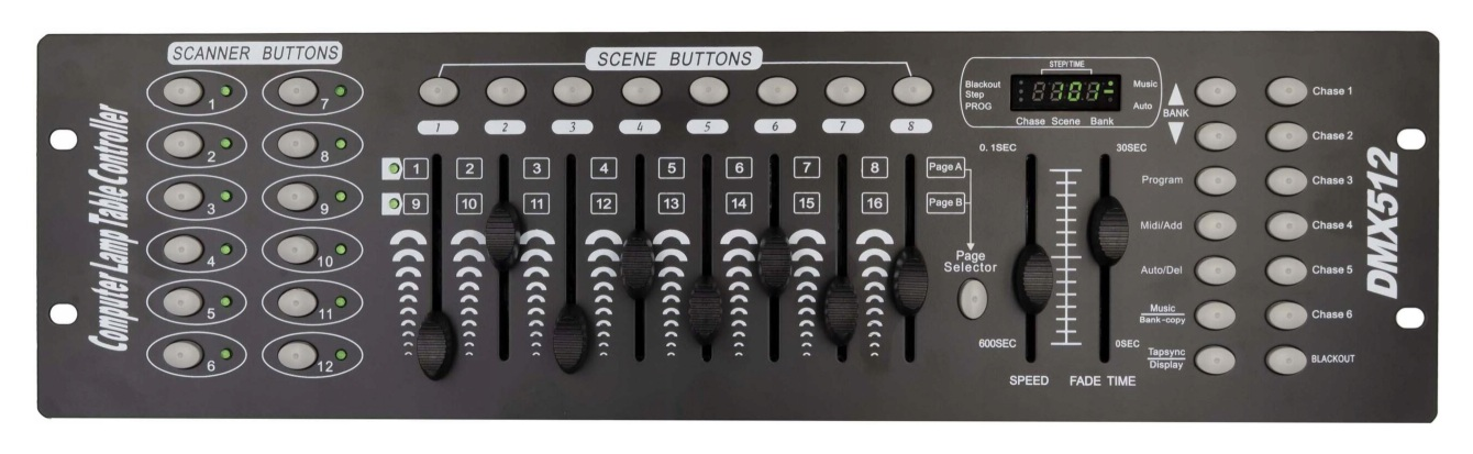 Czarny kontroler oświetlenia DMX512 z przyciskami, suwakami i wyświetlaczem cyfrowym na białym tle.