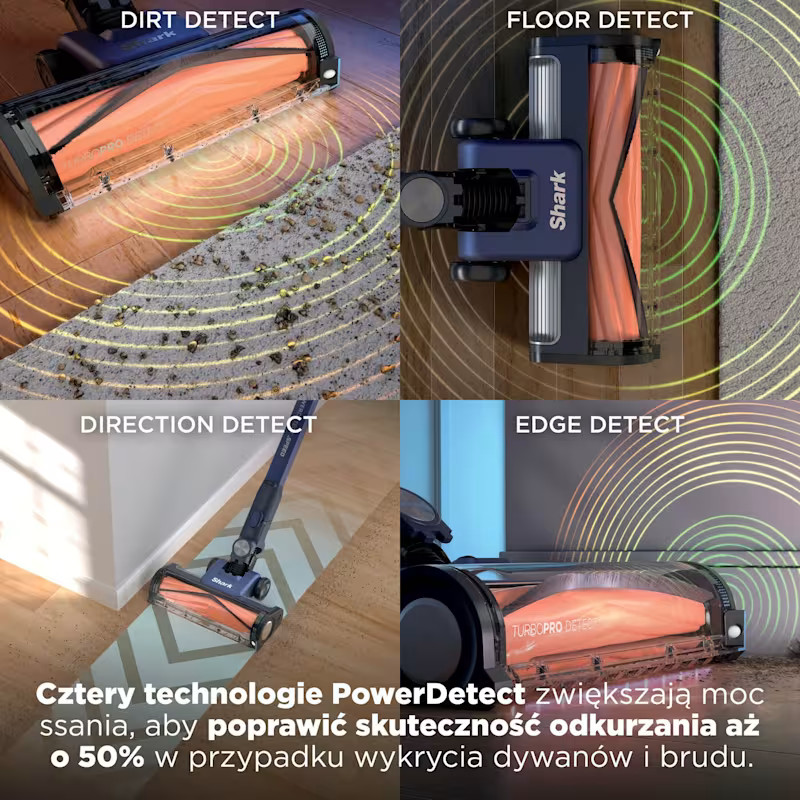 Cztery technologie PowerDetect: wykrywanie brudu, podłogi, kierunku i krawędzi.