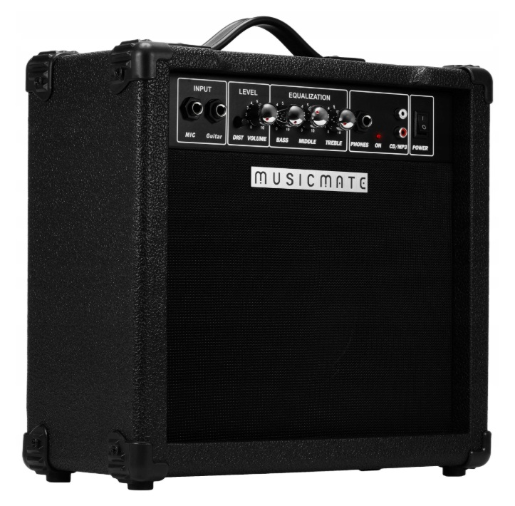 Czarny wzmacniacz gitarowy Musicmate z pokrętłami regulacyjnymi i grillem głośnika na białym tle.