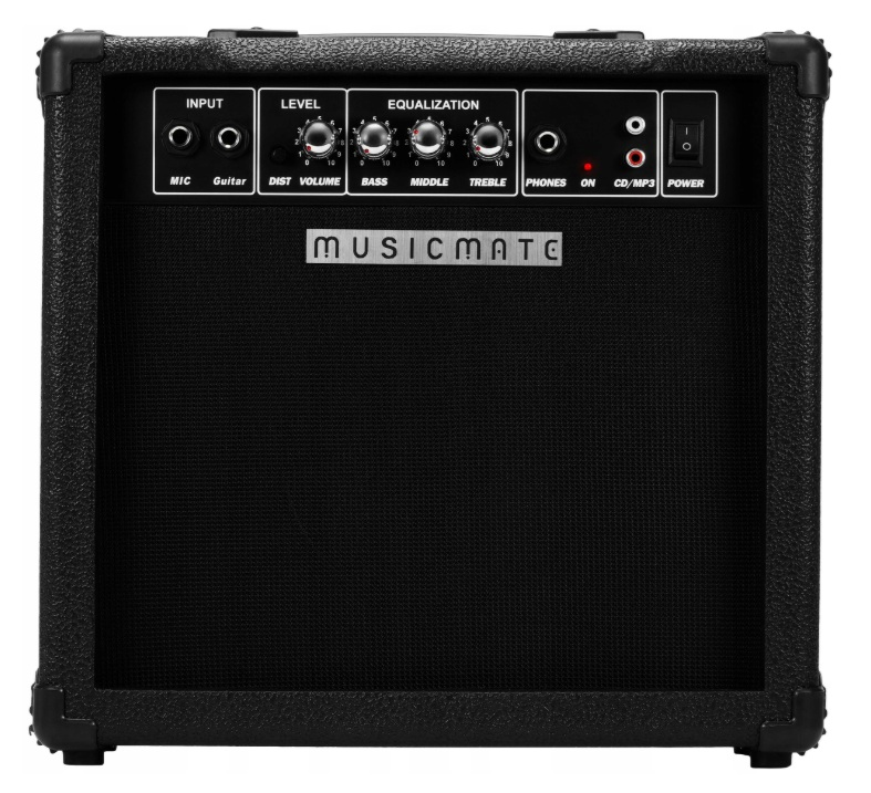 Czarny wzmacniacz gitarowy Musicmate z pokrętłami i materiałowym przodem na białym tle.